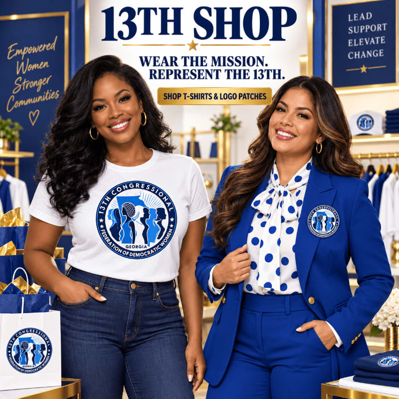 Two women in the chapter shop with shirts and blazer patches